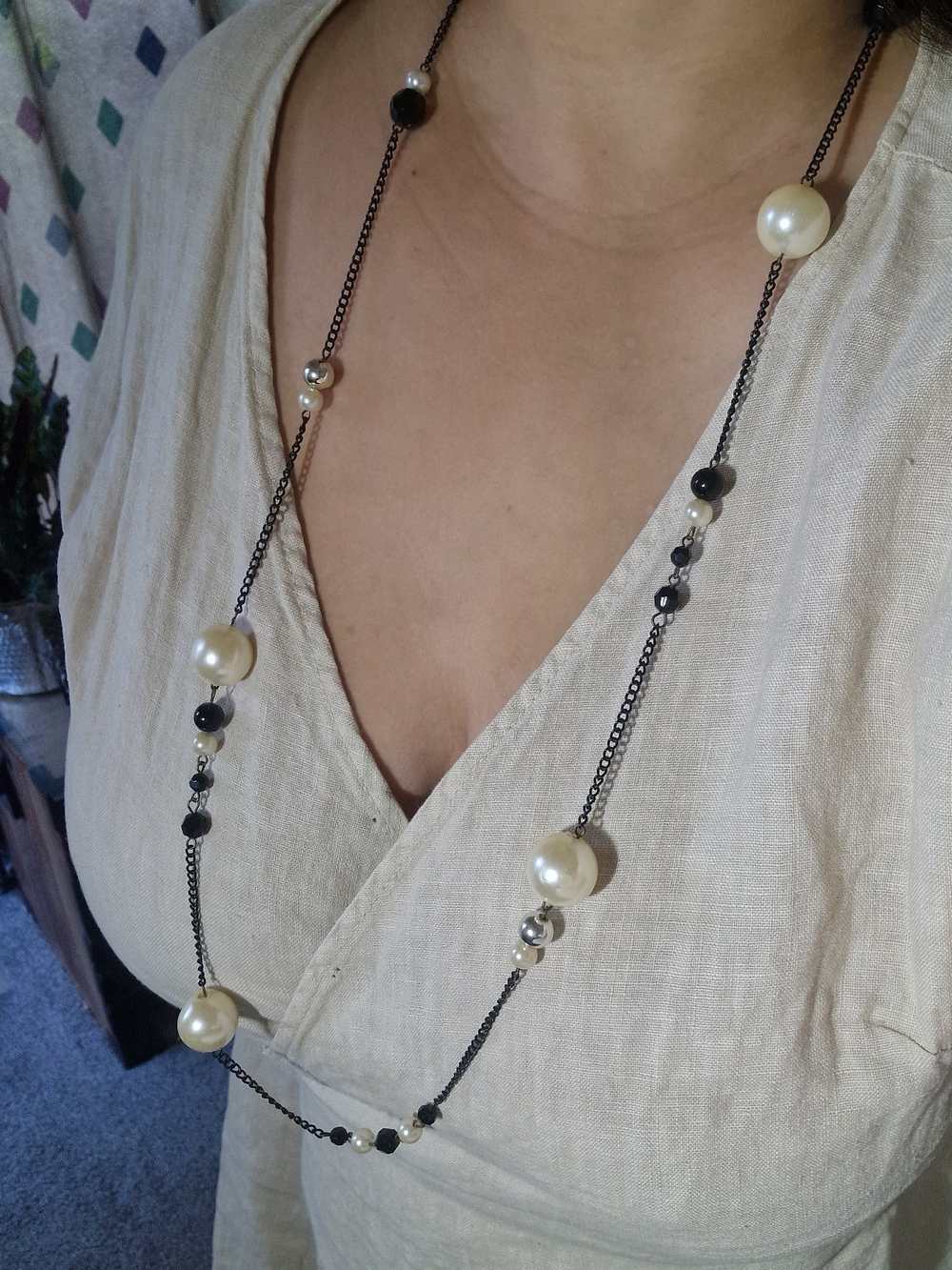 Long Black Chain Necklace with Cream Pearl Accents